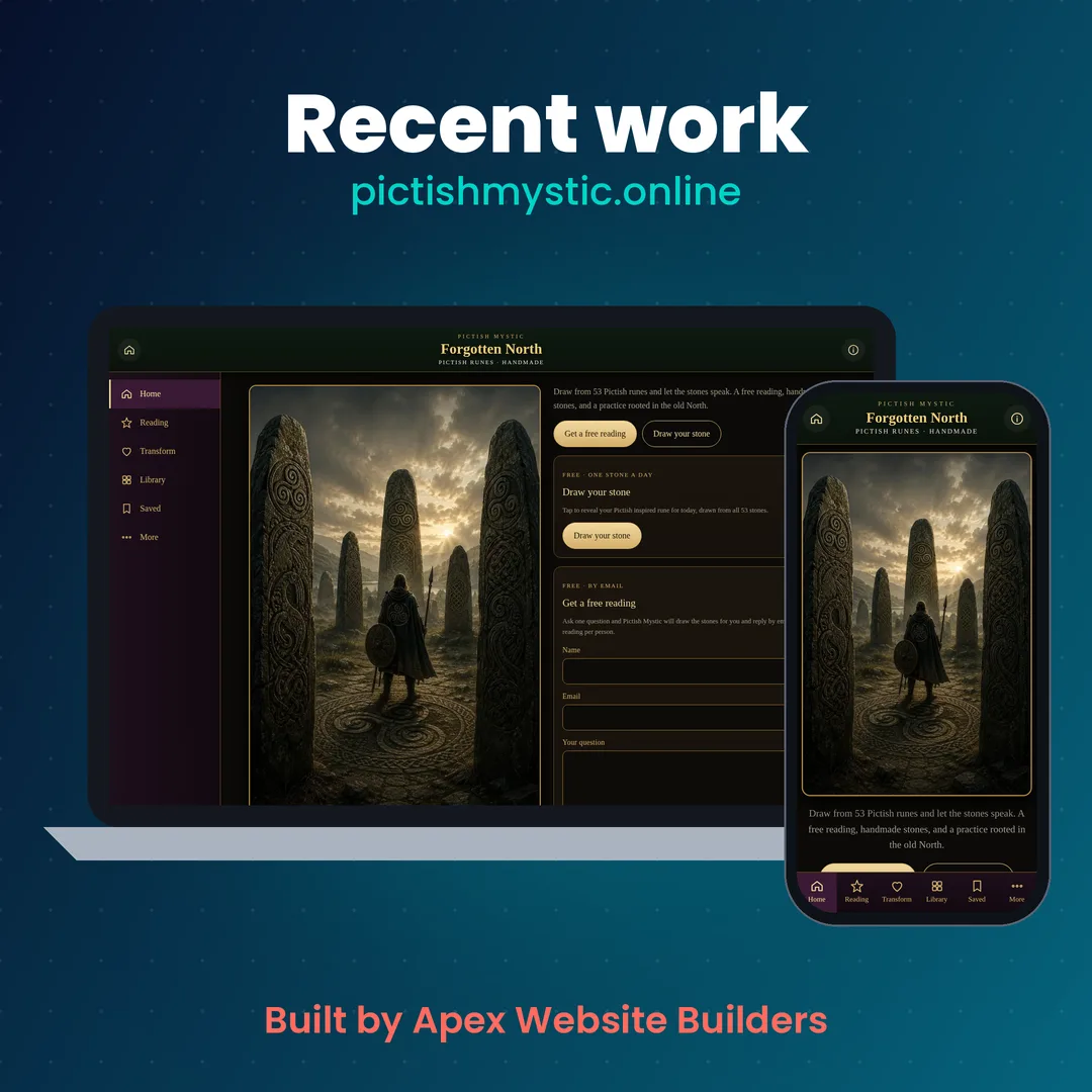 Recent work: pictishmystic.online on laptop and phone